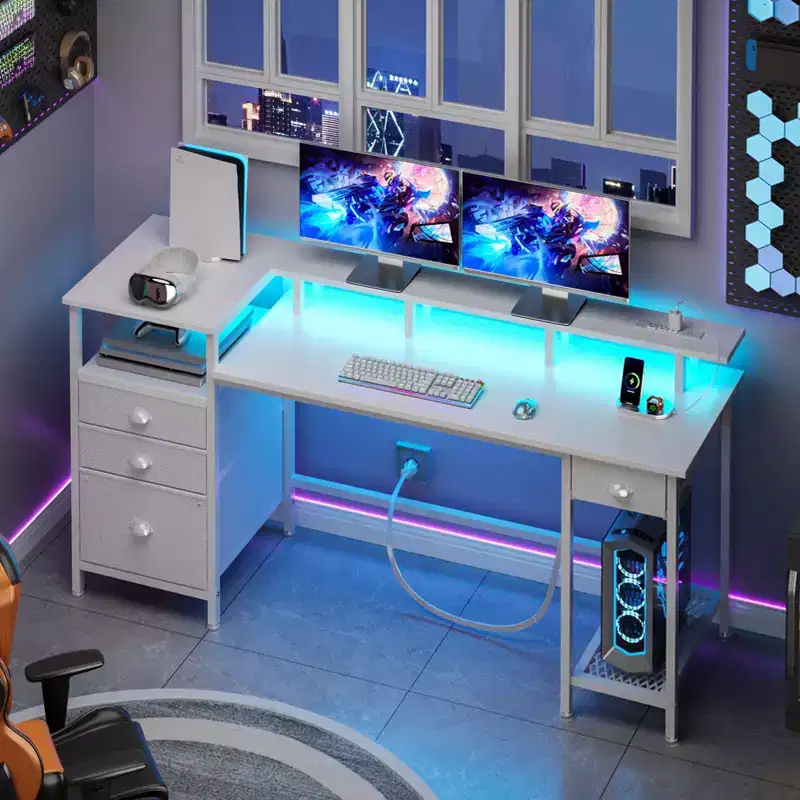 60 Inch White Computer Desk with Charging Station Gaming Desk LED Lights 4 Drawers File Cabinet Storage Home Office Work Table Modern Bedroom Study