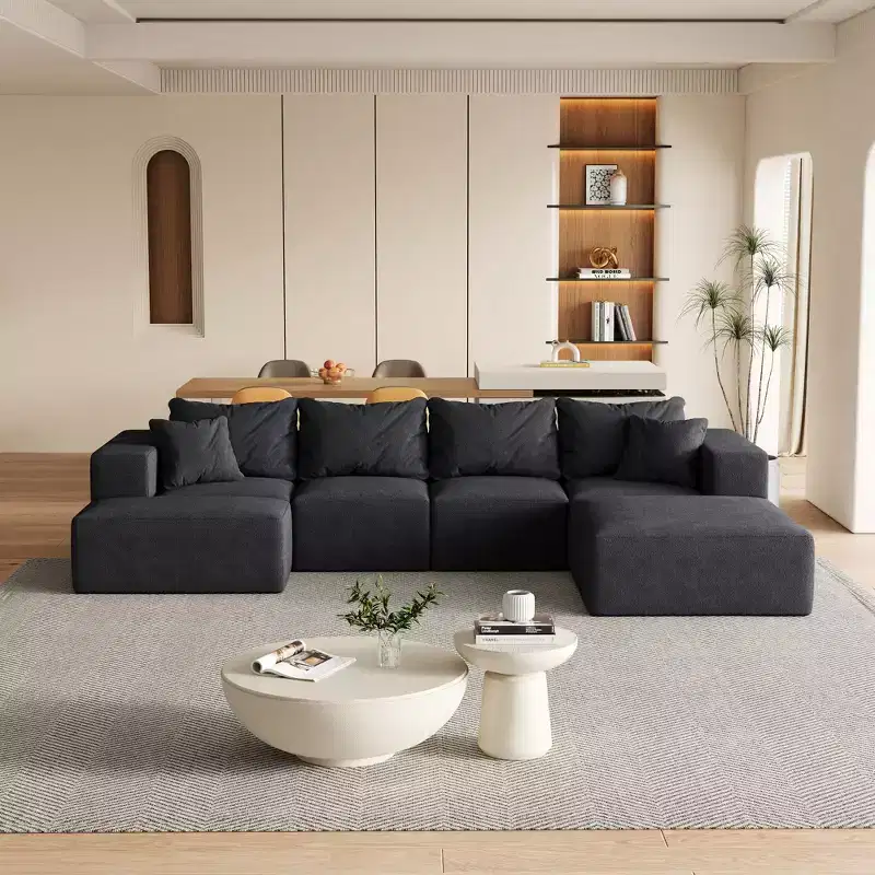 132 inch Beige Chenille L Shaped Sectional Living Room Sofa Set With 6 Pillows for Living Room