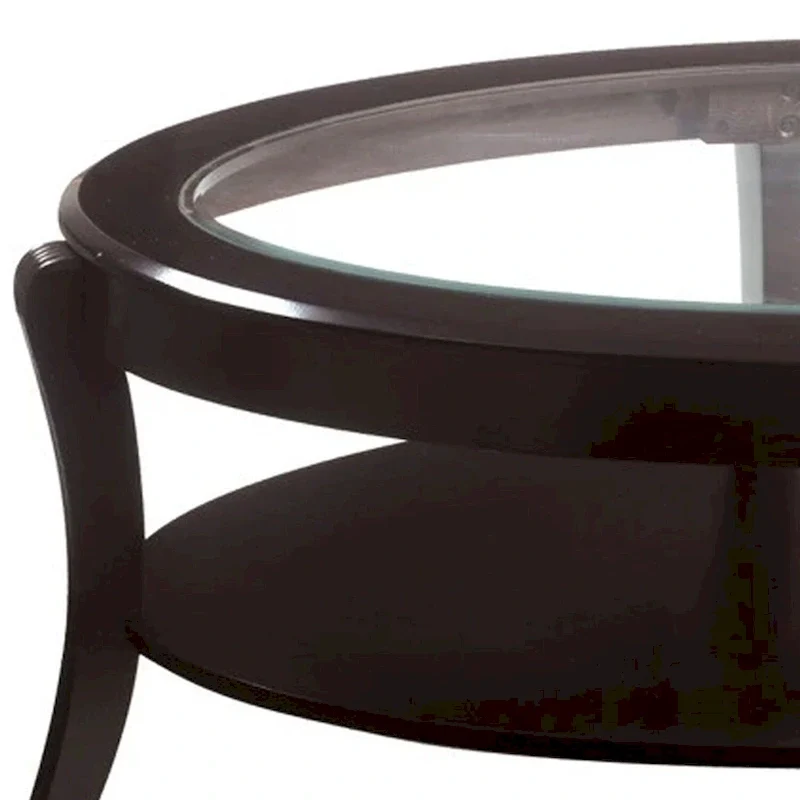Oval Wooden Cocktail Table with Glass Insert and Open Shelf, Espresso Brown