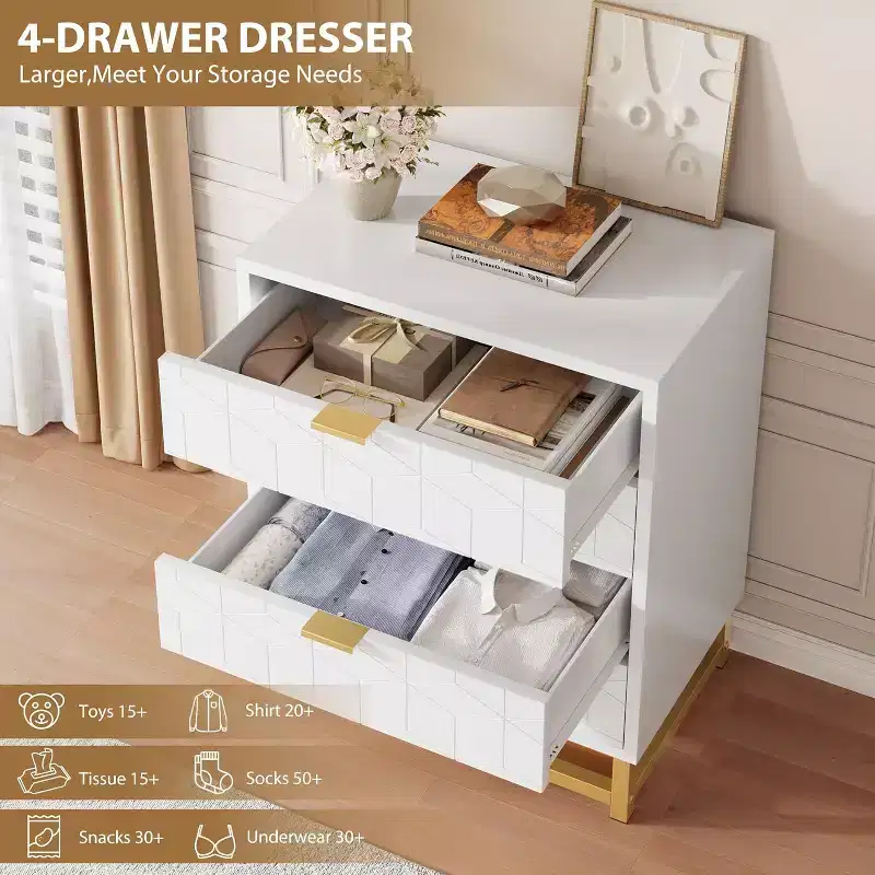 Zstar Bedroom Dressing Table, 4 Drawer Dresser with Metal Legs