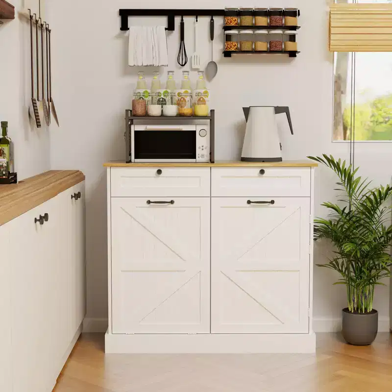 Tilt-Out Trash Can Storage Cabinet with Drawers – White, E1 MDF
