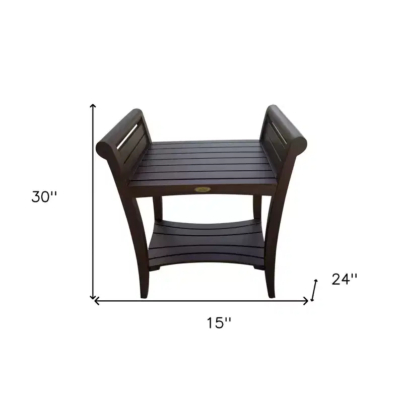 Rectangular Teak Shower Bench with Shelf and Handles in Brown Finish