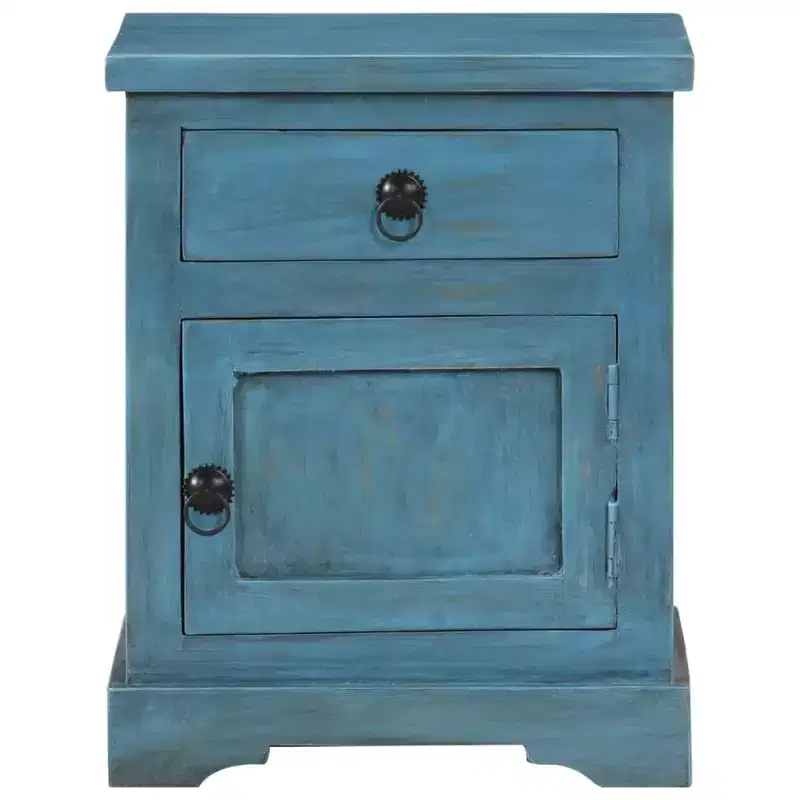Bedside Table with Storage, Solid Mango Wood, Blue Vintage Nightstand, 15.7x11.8x19.7 in