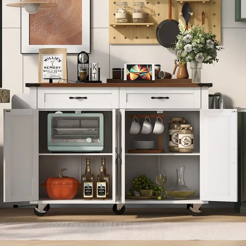 53.5 Farmhouse Kitchen Island Cart with Power Outlet, Drop Leaf, Spice Rack, and 2 Drawers, 5 Wheels