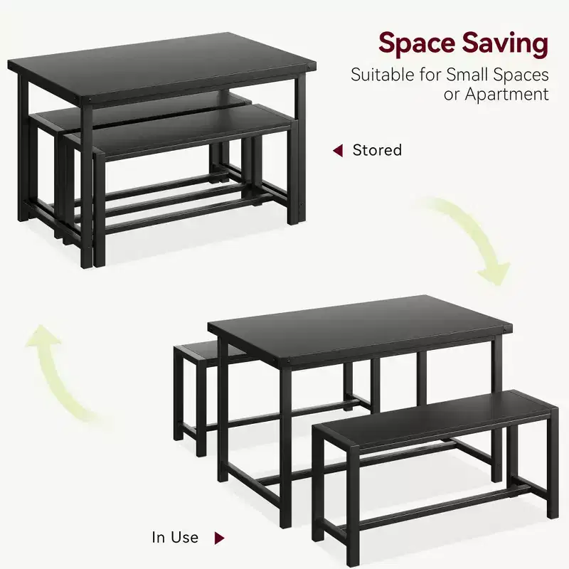 Dining Table Set for 4 with 2 Benches, Kitchen Table Set with Metal Frame & MDF Board, Space-Saving Dinette for Kitchen, Dining Room