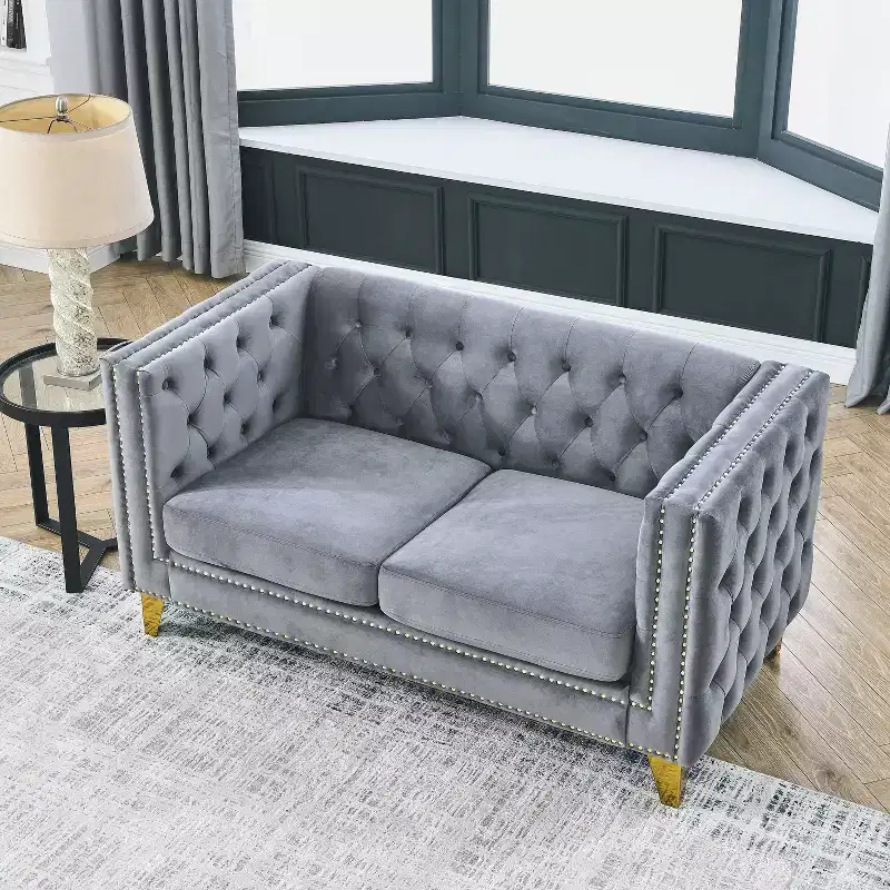 Button-Tufted Velvet 2-Seater Sofa with Square Arms & Metal Legs, Nailhead Trim