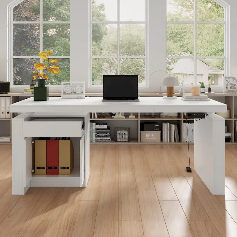 White Height-Adjustable Desk with Side Cabinet, 70.9