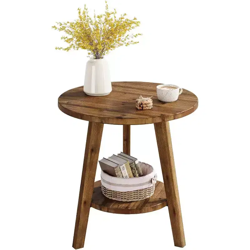 Solid Wood Round Side Table, 2-Tier Farmhouse End Table with Storage Shelf, Nightstand for Living Room, Bedroom, Easy Assembly