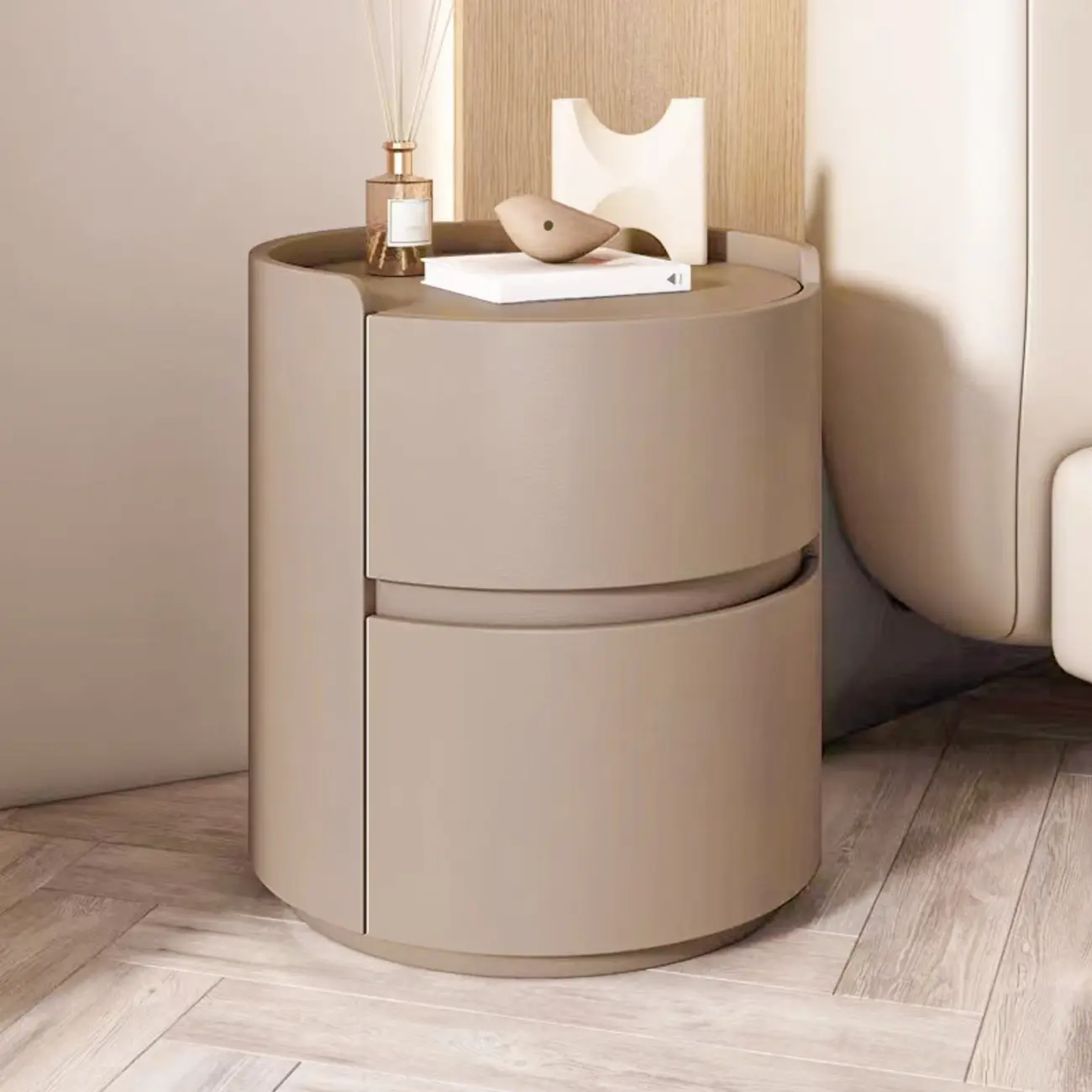 Modern Leather Tray Round 2-Drawer Nightstand