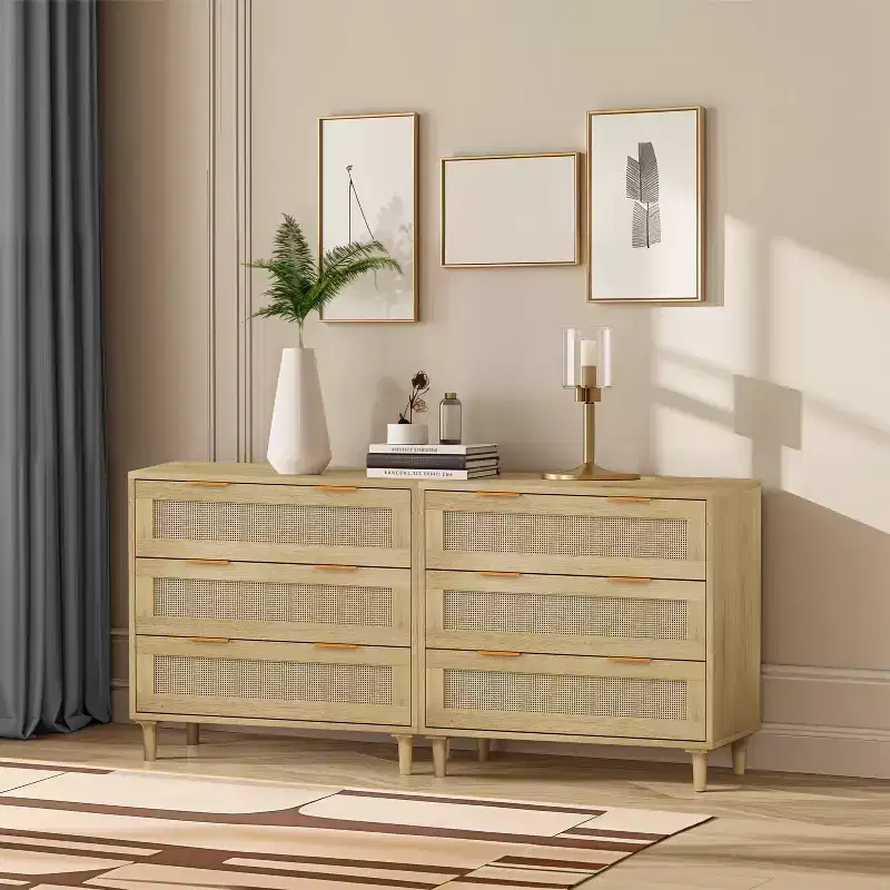 JVNOXKModern Rattan Storage Cabinet Set (2-Piece), Rattan Dressing Table with Three Deep Drawers, Suitable for Bedroom or Living Room, Oak