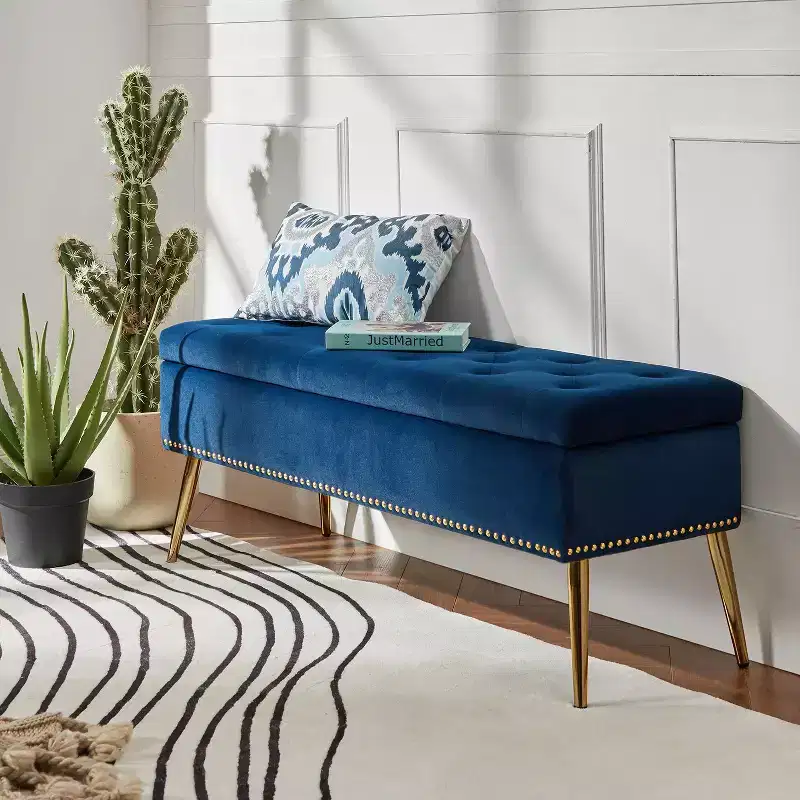 Storage Bench with Nailhead Trim and Button-Tufted Seat - Black