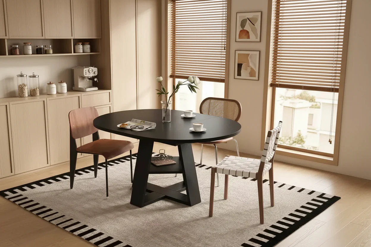Extendable Round Dining Table for 4–8 with Storage Shelf – Modern Farmhouse MDF