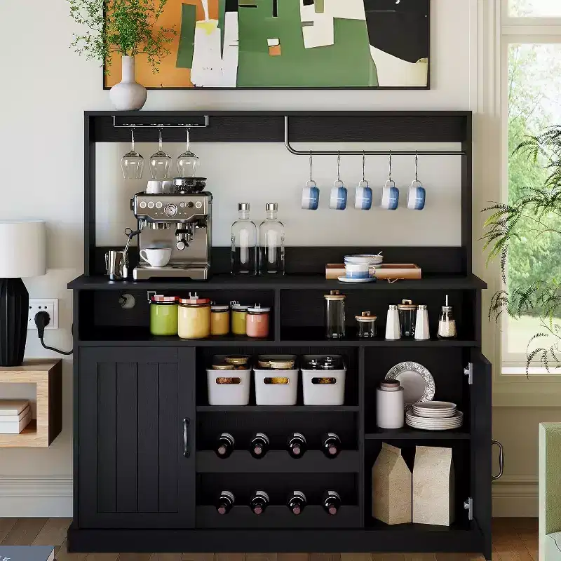 Modern Black Bar Cabinet with Wine Storage, Adjustable Shelves & Cup Rack