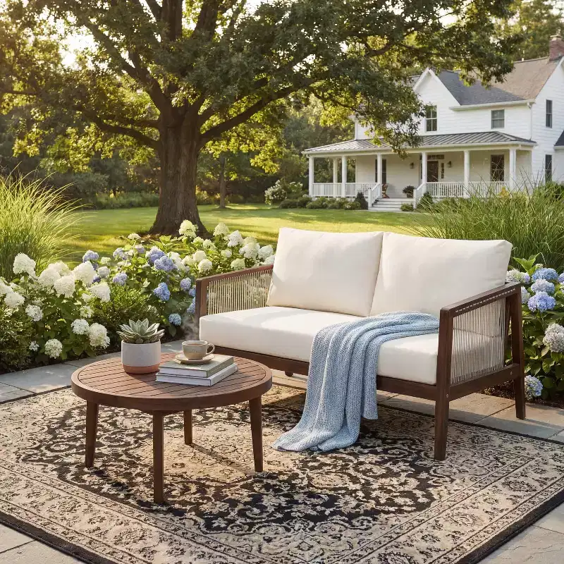 Christopher Knight Home Oliver Patio Modern Coastal 2-Piece Acacia Wood and Rope Loveseat and Coffee Table Set