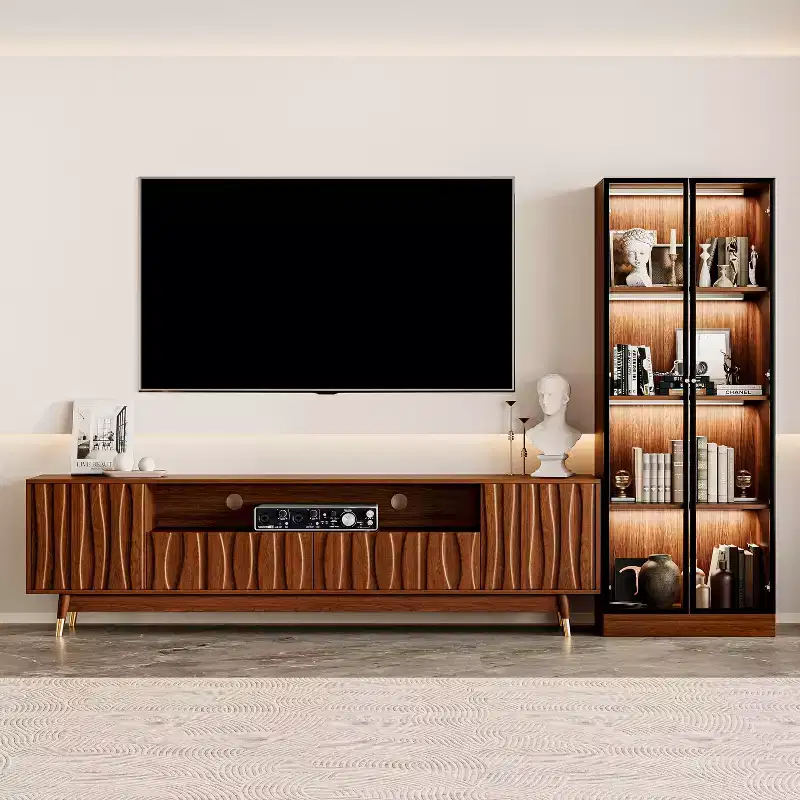 ATJafurn TV Stand, Glass Display Cabinet and Coffee Table Set, Mid-century Living Room Three-piece Set Entertainment Center up to 85 TV, Walnut