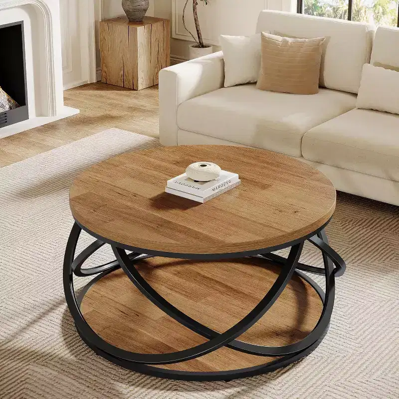 Brown 2-Tier Round Coffee Table, Wood & Metal, 1-Person Use