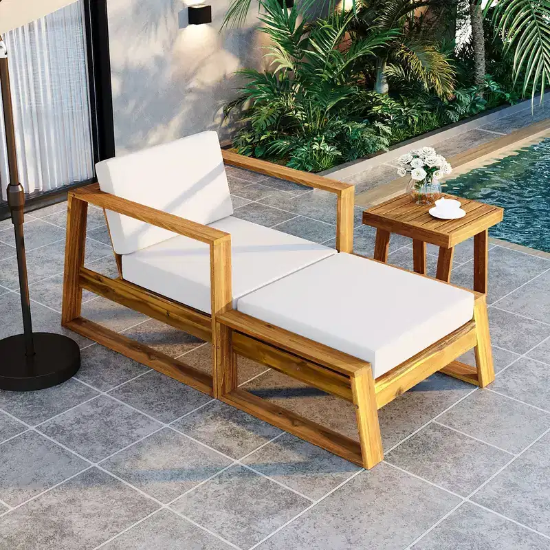 GDFStudio Camille Acacia Wood Outdoor Lounge Chair and Ottoman Set with Cushions