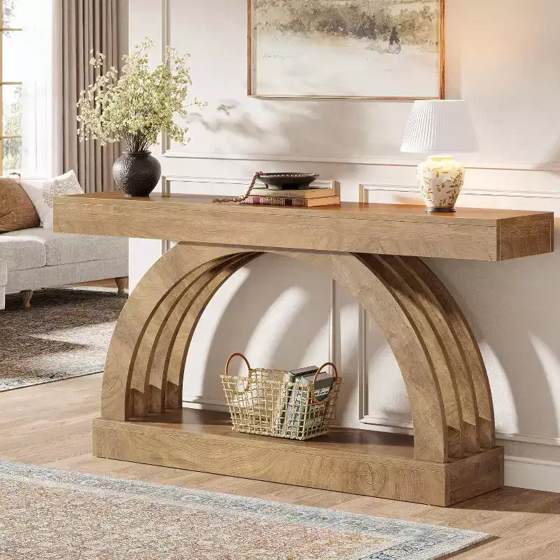 Lantine 63-Inch Entryway Table, 2-Tier Sofa Table Behind The Couch, Farmhouse Narrow Unique Arched Console for Hallway, Living Room, Foyer,Natural