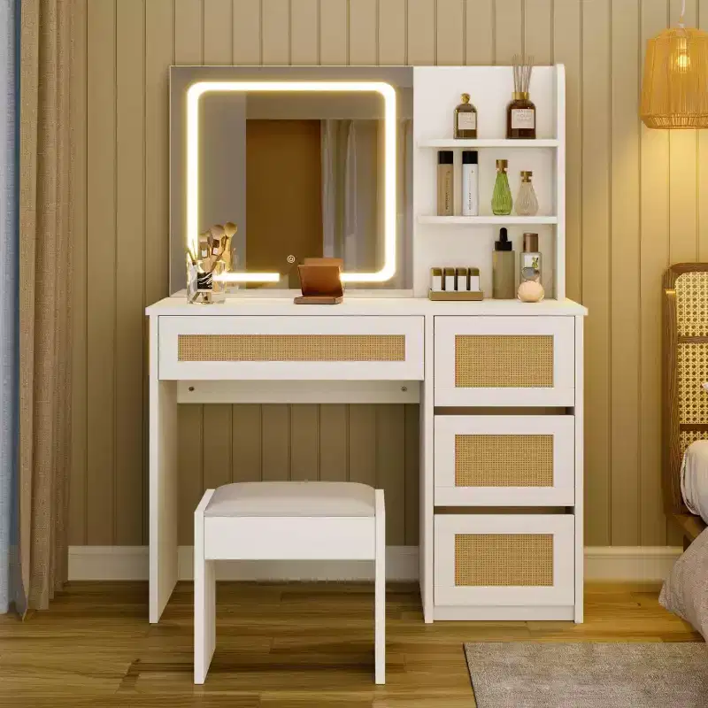 Vanity Desk with LED Mirror and Stool, Rattan White Makeup Table with 2 Drawers, Storage Cabinet for Bedroom Living Room