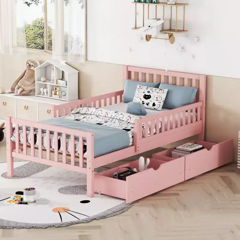 Wood Platform Bed with Guardrails for Kids, Bed Frame with 2 Storage Drawers