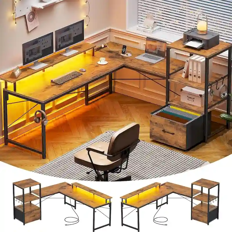 51in Computer Office Desk Storage Shelves Drawer Power Outlets