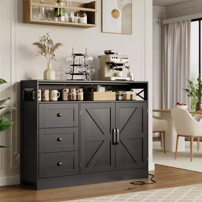 Sideboard Buffet Cabinet, Farmhouse Kitchen Buffet Storage Cabinet, Featuring 3 Drawers, 2-Door Cabinet for Kitchen, Dining Room