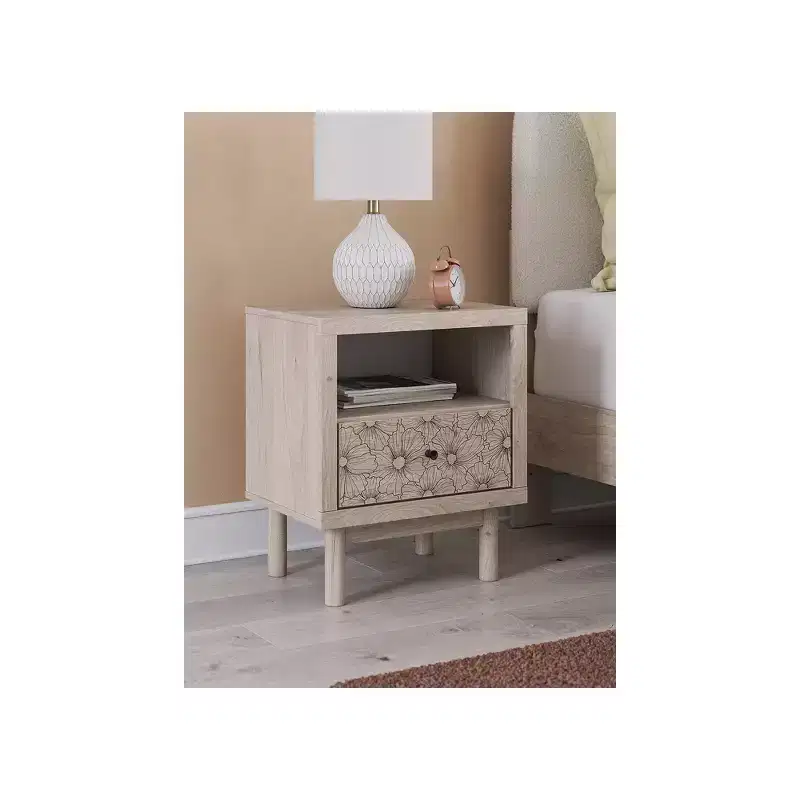 Signature Design by Ashley Birkmore One Drawer Nightstand with USB Charging Port, Light Oak Finish, Floral Accent Drawer, Tan