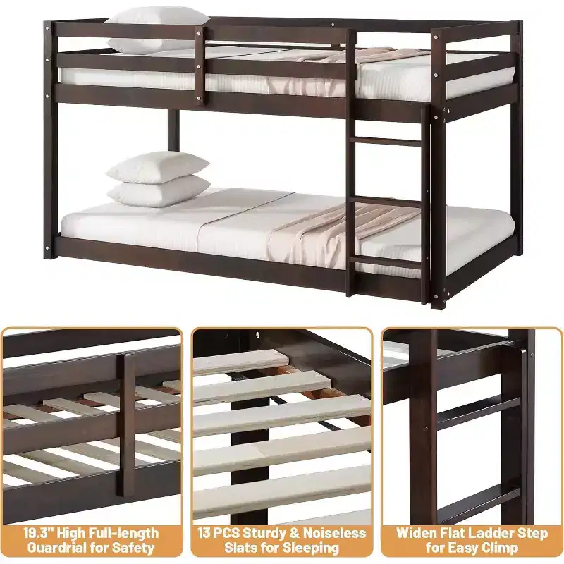 Wooden Bunk Bed Twin Over Twin, Solid Rubberwood Bed Frame with Built-in Ladder, for Small Spaces,Bedroom,Space Saving, No Box Spring Needed