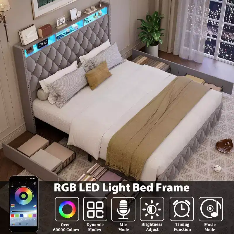 Dark Grey Velvet Queen Platform Bed, 4 Drawers & LED Lights, Fits 2