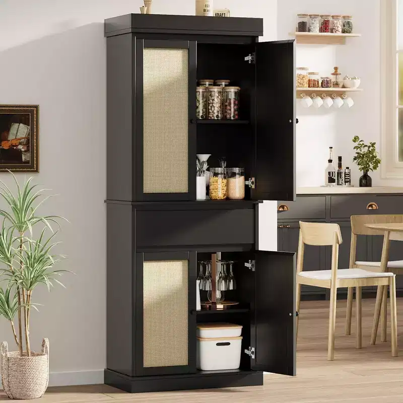 69-inch Tall Pantry Cabinet, Rattan Pantry Storage, Adjustable Shelves, Freestanding Cupboard with Drawer for Bathroom, Dining Room, Living Room