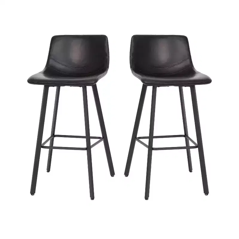Merrick Lane Set of 2 Modern Upholstered Stools with Contoured, Low Back Bucket Seats and Iron Frames