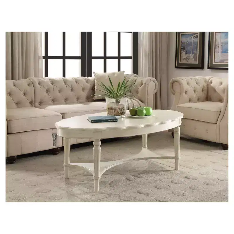 Coffee Table Off White: Carved Wood Legs, Antique Finish, Living Room Furniture