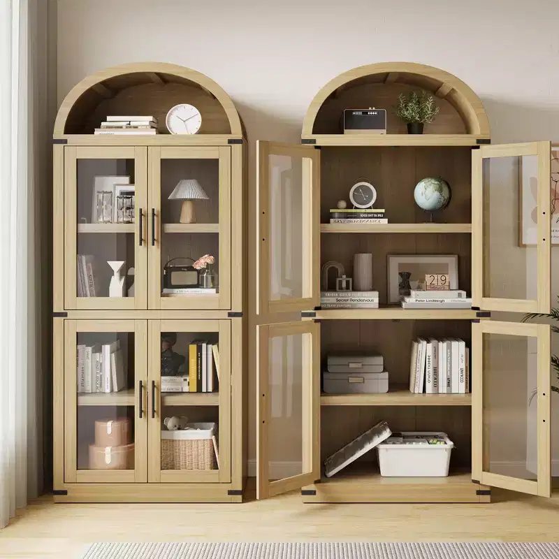 Arched Bookshelf with Doors Farmhouse Bookcase 15.83in Depth Display Storage Shelves 71.4in Tall Wooden Display Cabinet Rounded Bookcases