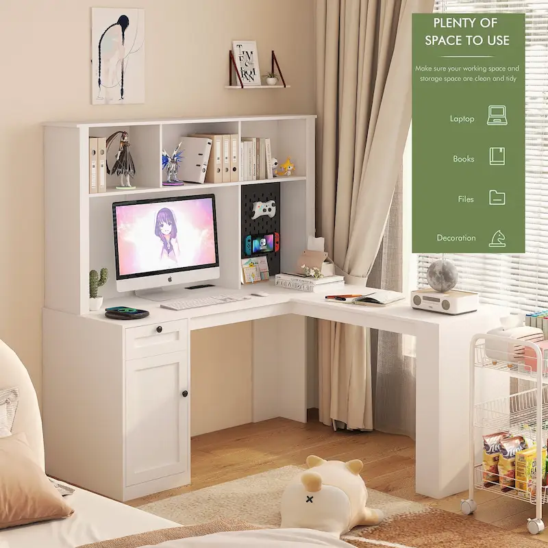 White L-Shaped Corner Desk with Outlets, Drawers & Bookshelf, 1-Person
