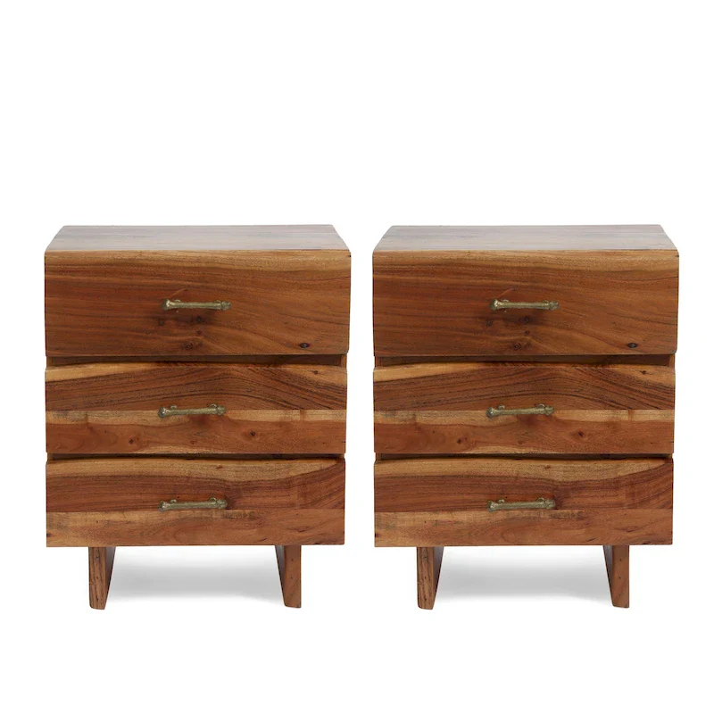 Terrell Handcrafted Boho Acacia Wood 3 Drawer Nightstand (Set of 2) by