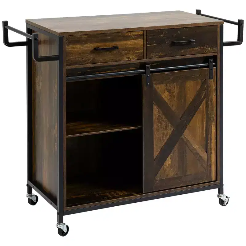 HOMCOM Rustic Farmhouse Kitchen Cart, Rolling Storage Island with Adjustable Shelf, Two Drawers, Sliding Barn Door Cabinet and Towel Rack