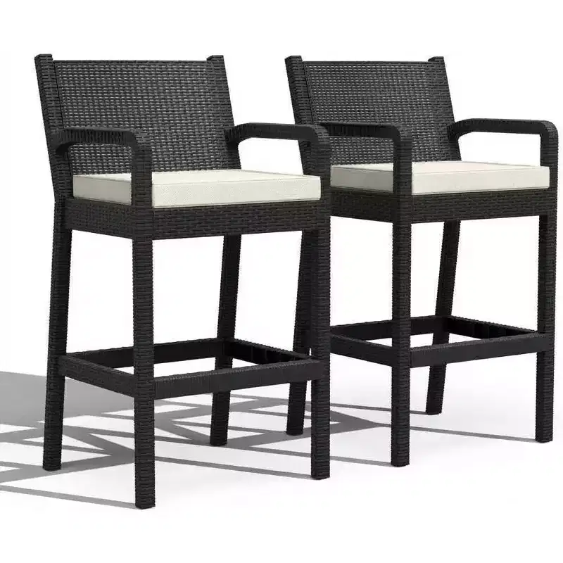 Outdoor Bar Stools Set of 2, Armrests and Cushions, Comfortable Seating, All-Weather Barstools, for Balcony, Garden, Pool, Deck