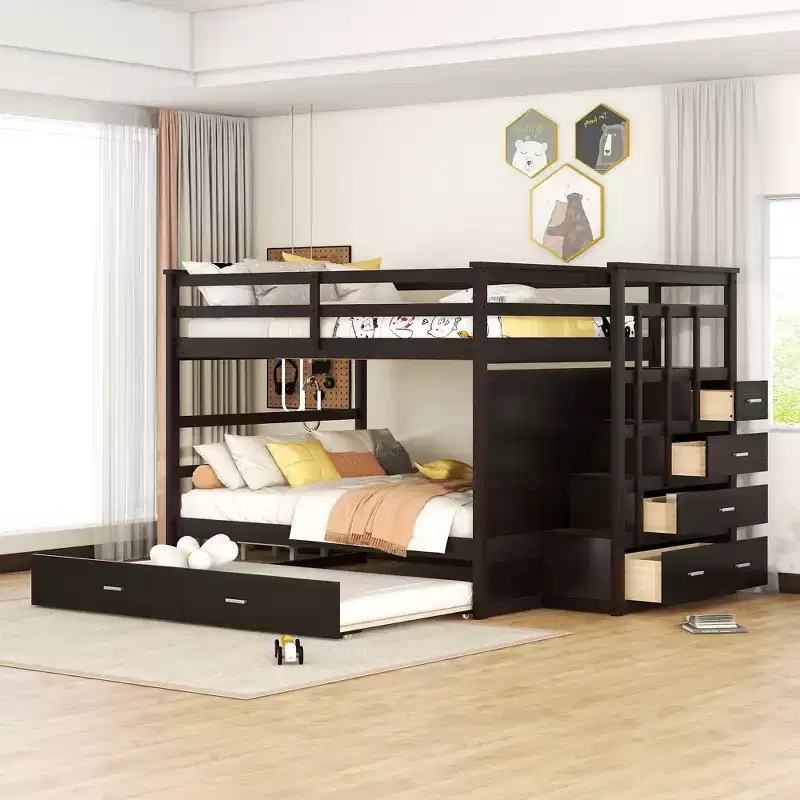 Full Over Full Bunk Bed with Twin Trundle, Storage Drawers & Staircase, Wooden Loft Bed Frame - ModernLuxe