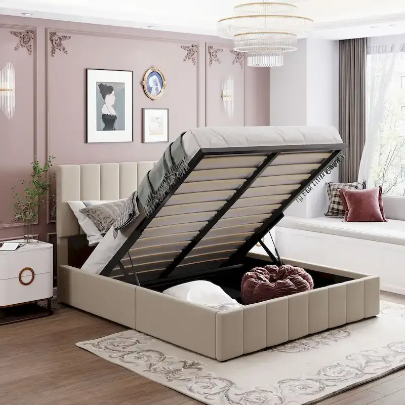 Queen Size Linen Platform Bed - Hydraulic Lift Platform with Hidden Compartment, Solid Pine Wood Frame