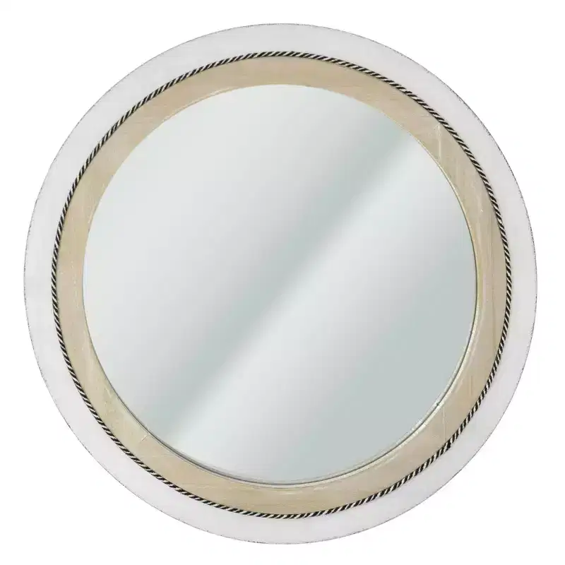 23" x 23" Rustic Wood Framed Round Wall Mirror with Inlaid Rope White/Brown - Head West: Includes Mounting Hardware, No Assembly Required