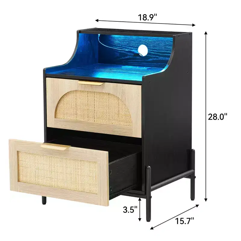Black Wood & Rattan 2-Person Nightstand Set with Charging Station & LED Lights