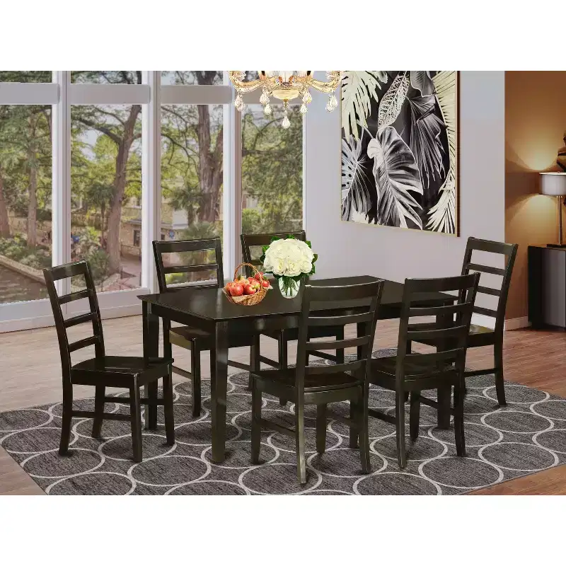 7-Piece Rectangle Cappuccino Finish Solid Wood Top Dining Table with 6 Chairs