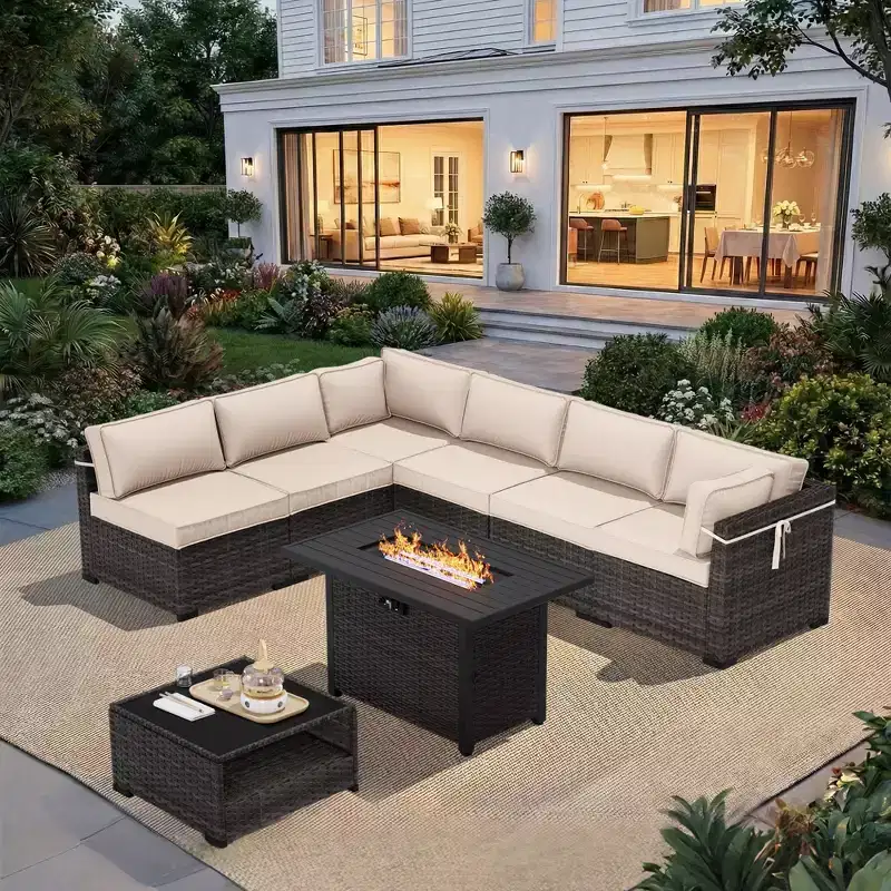 UPTIOT Premium Outdoor Sofa Set with Corner Loungers, Accent Chairs & Brown Convertible Fire Table for Ultimate Patio Comfort