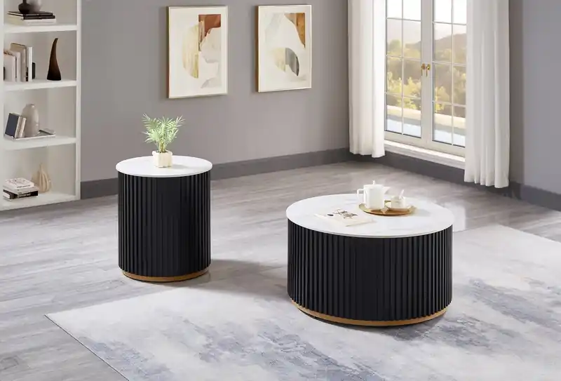 Modern Round End Table with White Sintered Stone Top - Black and Gold