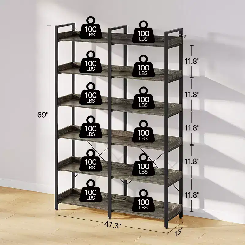 6-Tier Rustic Vintage Open Shelf Bookshelf with 4 Hooks, 67 Inch
