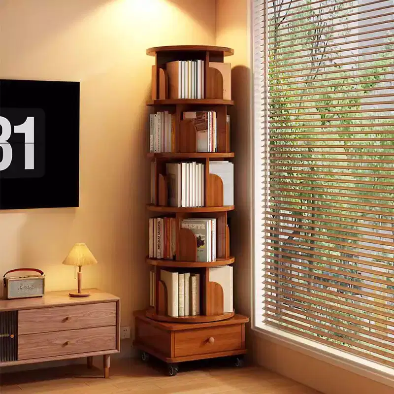 Chic Crate 6-Tier 360 Rotating Corner Bookshelf with Wheels, Narrow Bookcase for Small Spaces  Walnut Brown