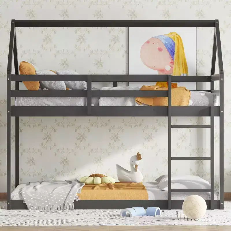 Twin over Twin House Floor Bunk Bed with Ladder and Guardrails, Rubber Wood House Bunk Bed Frame for Kids