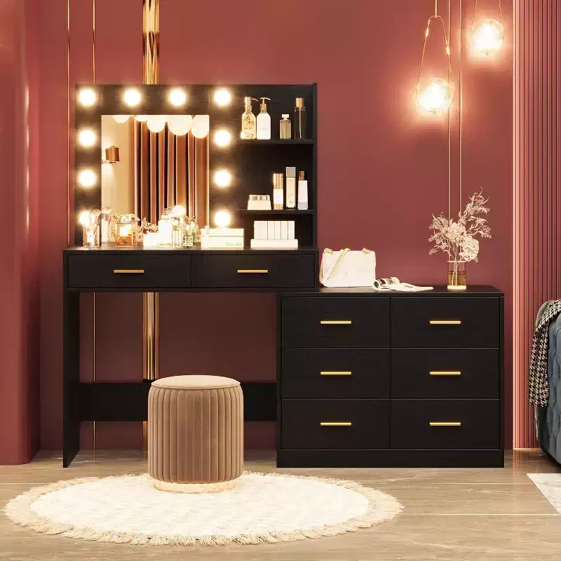 61 Makeup Vanity Desk with Mirror & Lights, 8 Wide Drawers & 2 Shelves, 3 Lighting Modes, Adjustable Brightness