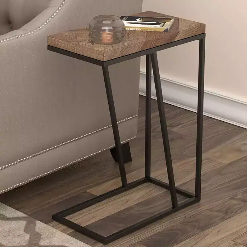 Rustic Tobacco Herringbone Sandy Black Accent Table, Modern Rustic Industrial Metal Legs Living Room Coffee Table