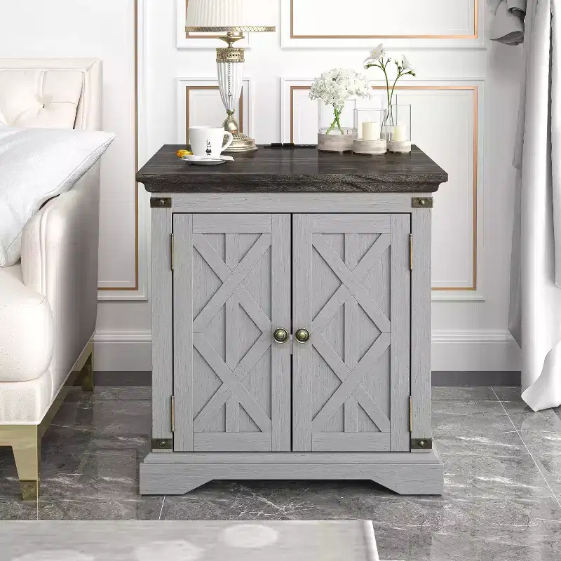 Festivo 2 Door Side Table Gray: Farmhouse Style, Built-in USB/AC Outlets, Adjustable Shelf